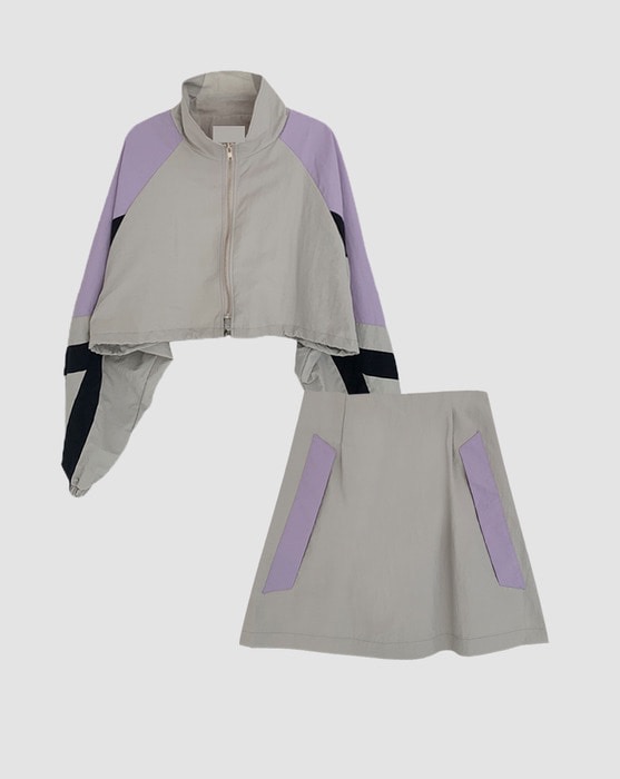 color matching strap wind zip-up &amp; skirt set